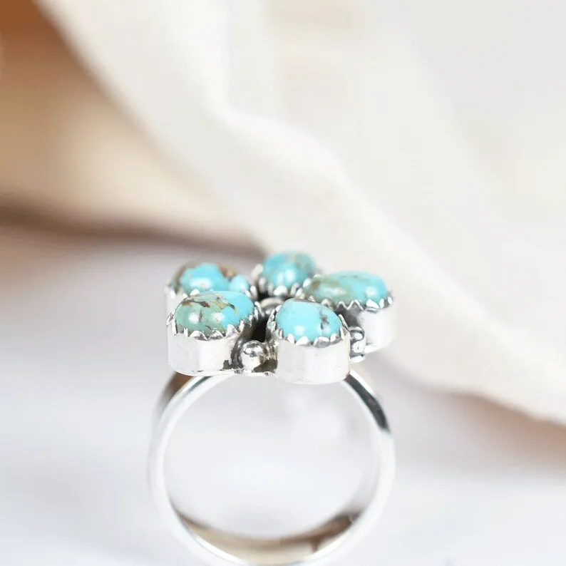 Native American Teardrop Turquoise Cluster Rings - 925 Sterling Silver Southwestern Rings