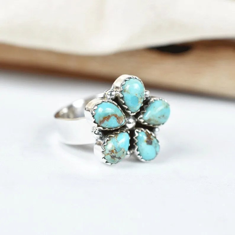 Native American Teardrop Turquoise Cluster Rings - 925 Sterling Silver Southwestern Rings