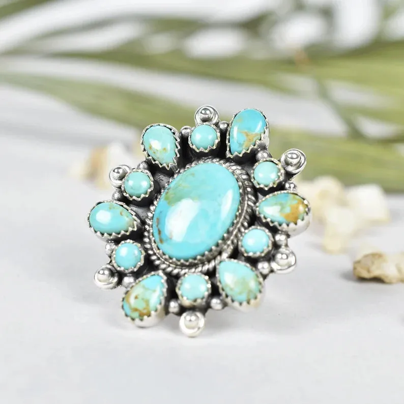 Native American Turquoise Cluster Ring - 925 Sterling Silver Vintage Handmade Rings