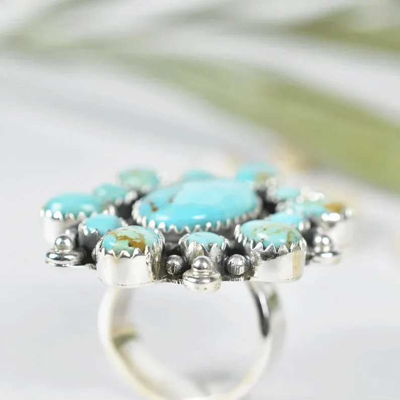 Native American Turquoise Cluster Ring - 925 Sterling Silver Vintage Handmade Rings