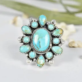 Native American Turquoise Cluster Ring - 925 Sterling Silver Vintage Handmade Rings