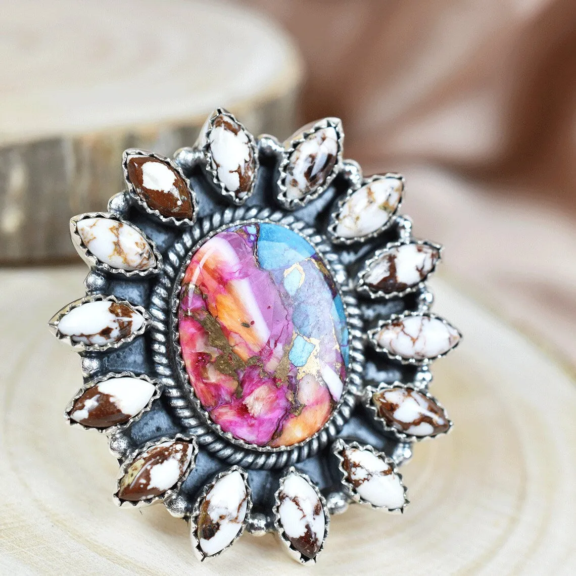 Native American Wild Horse And Pink Copper Turquoise Cluster Rings - 925 Sterling Silver Handmade Vintage Rings