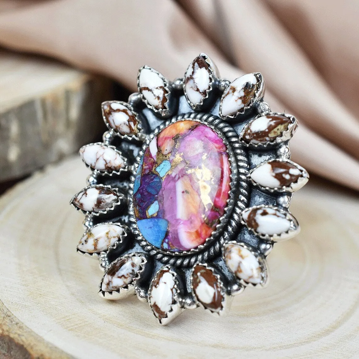 Native American Wild Horse And Pink Copper Turquoise Cluster Rings - 925 Sterling Silver Handmade Vintage Rings