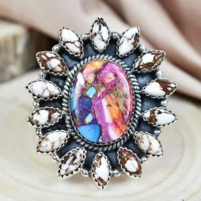 Native American Wild Horse And Pink Copper Turquoise Cluster Rings - 925 Sterling Silver Handmade Vintage Rings