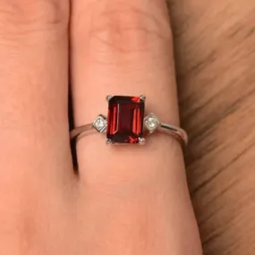 Natural Emerald Cut Garnet Promise Ring - 925 Sterling Silver Rings