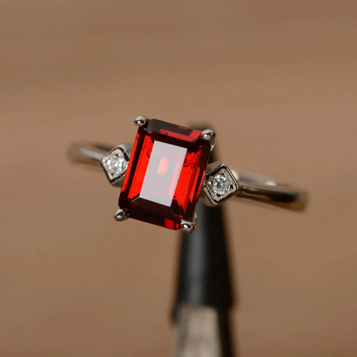 Natural Emerald Cut Garnet Promise Ring - 925 Sterling Silver Rings