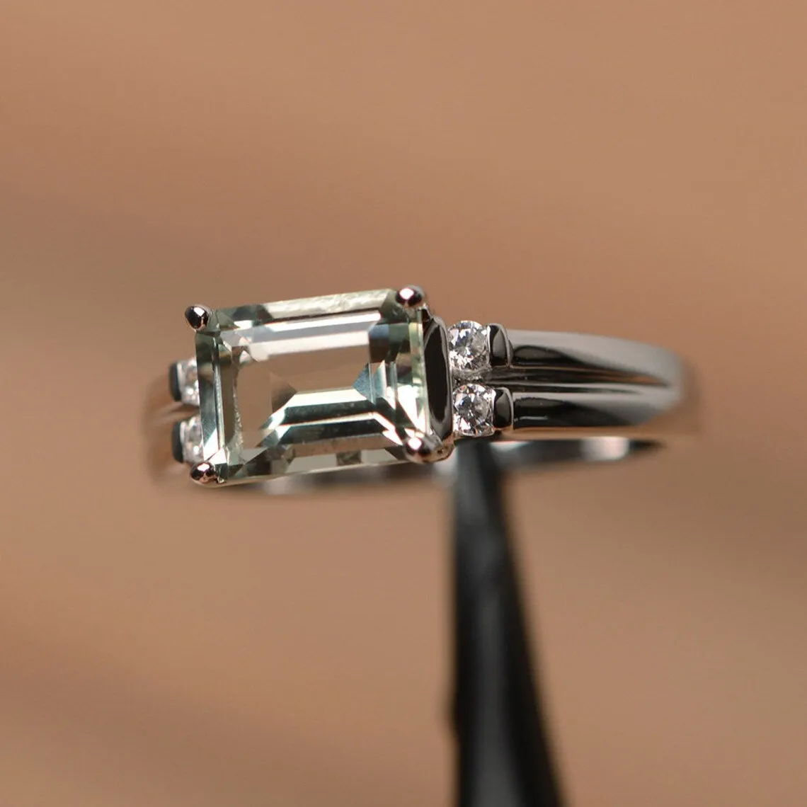 Natural Emerald Cut Green Amethyst Statement Ring - 925 Sterling Silver Ring