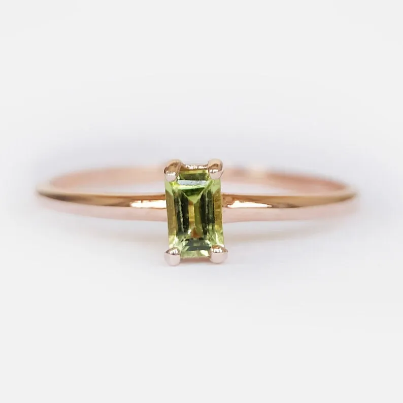 Natural Emerald Cut Peridot Solitaire Rings - 14k Rose Gold Vermeil Rings