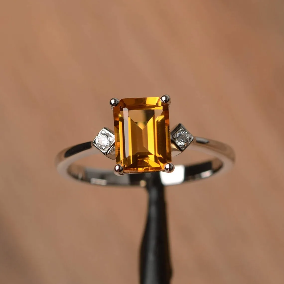 Natural Emerald Cut Prong Set Citrine Promise Statement Rings For Women -925 Sterling Silver Ring