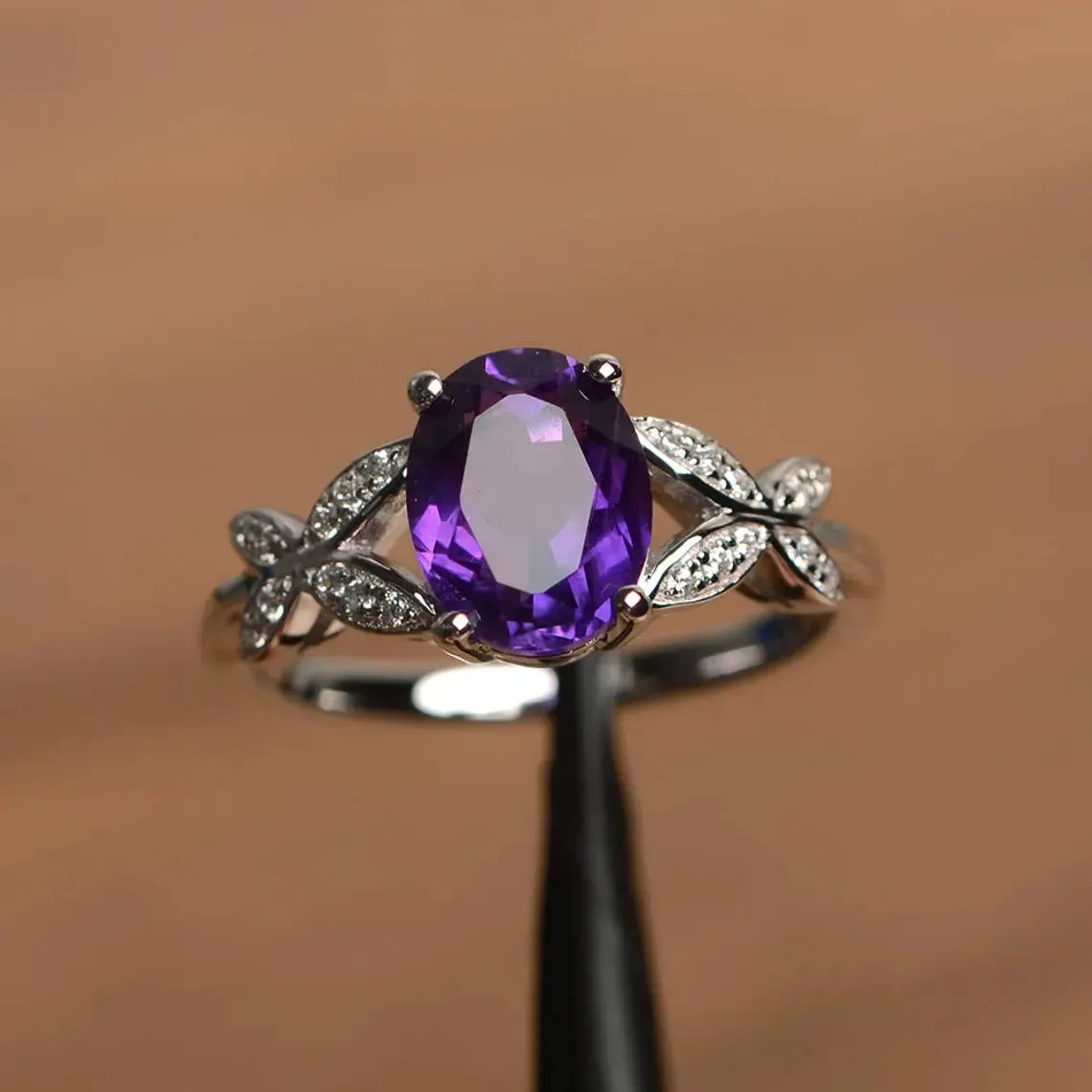 Natural Oval Cut Amethyst Unique Promise Ring - 925 Sterling Silver Ring