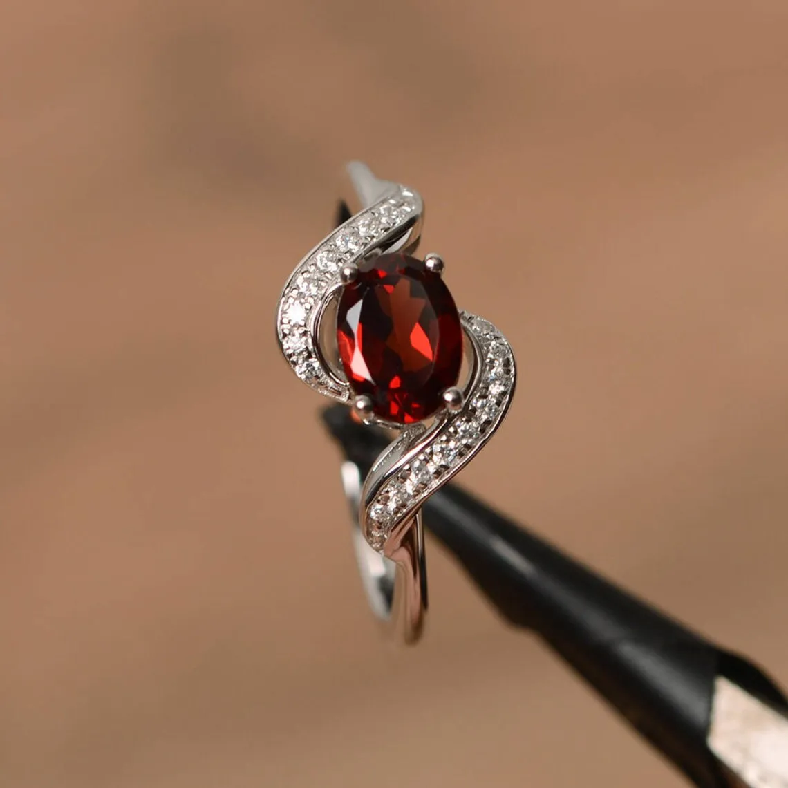 Natural Oval Cut Garnet Unique Promise Ring - 925 Sterling Silver Rings