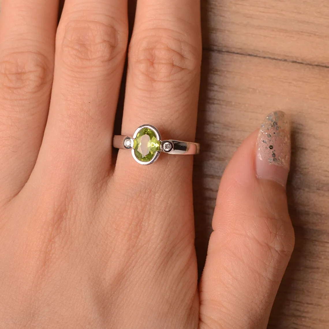 Natural Oval Cut Peridot Simple Promise Rings - 925 Sterling Silver Ring