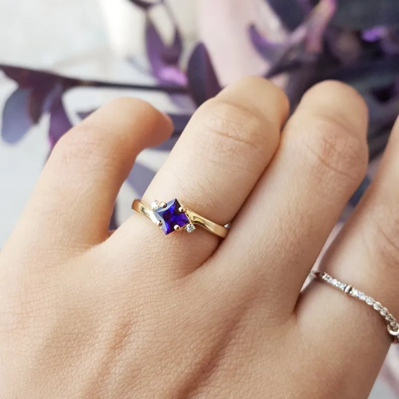 Natural Princess Cut Amethyst Three Stone Promise Statement Rings - 14k Gold Vermeil Rings