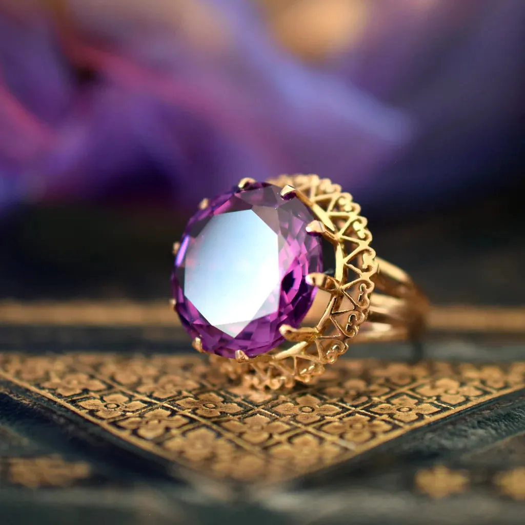 Natural Round Cut Amethyst Cocktail Filigree Vintage Rings - 14k Gold Vermeil Rings