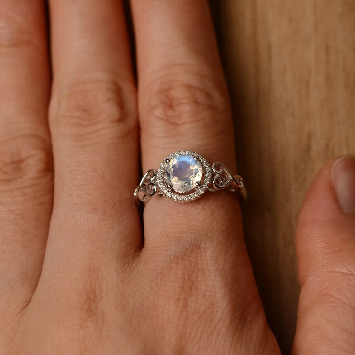 Natural Round Cut Rainbow Moonstone Halo Rings - 925 Sterling Silver Rings