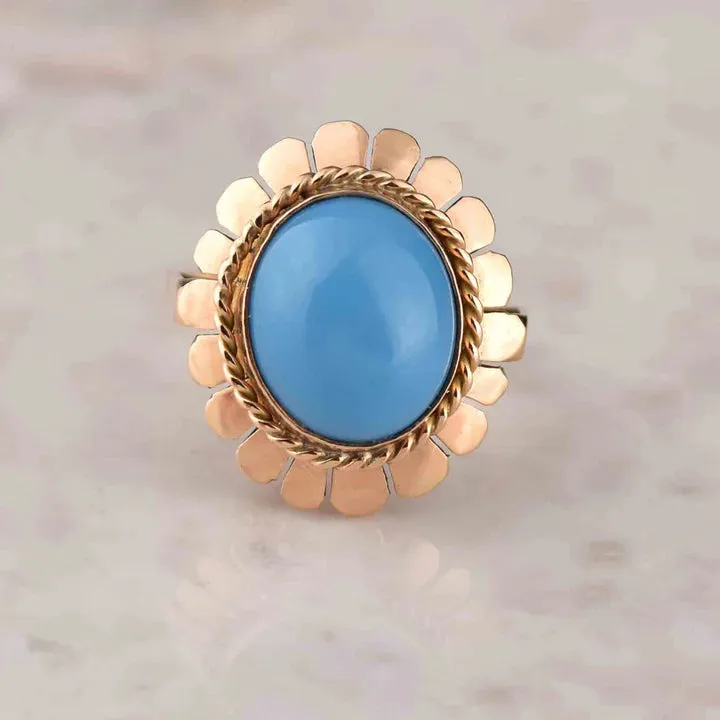 Natural Sleeping Beauty Turquoise Floral Shaped Vintage Solitaire Ring - 14k Gold Vermeil