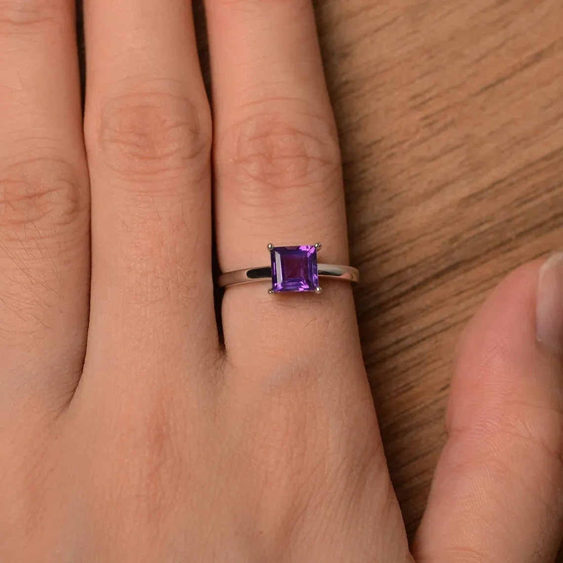 Natural Square Cut Amethyst Simple Solitaire Ring - 925 Sterling Silver Rings