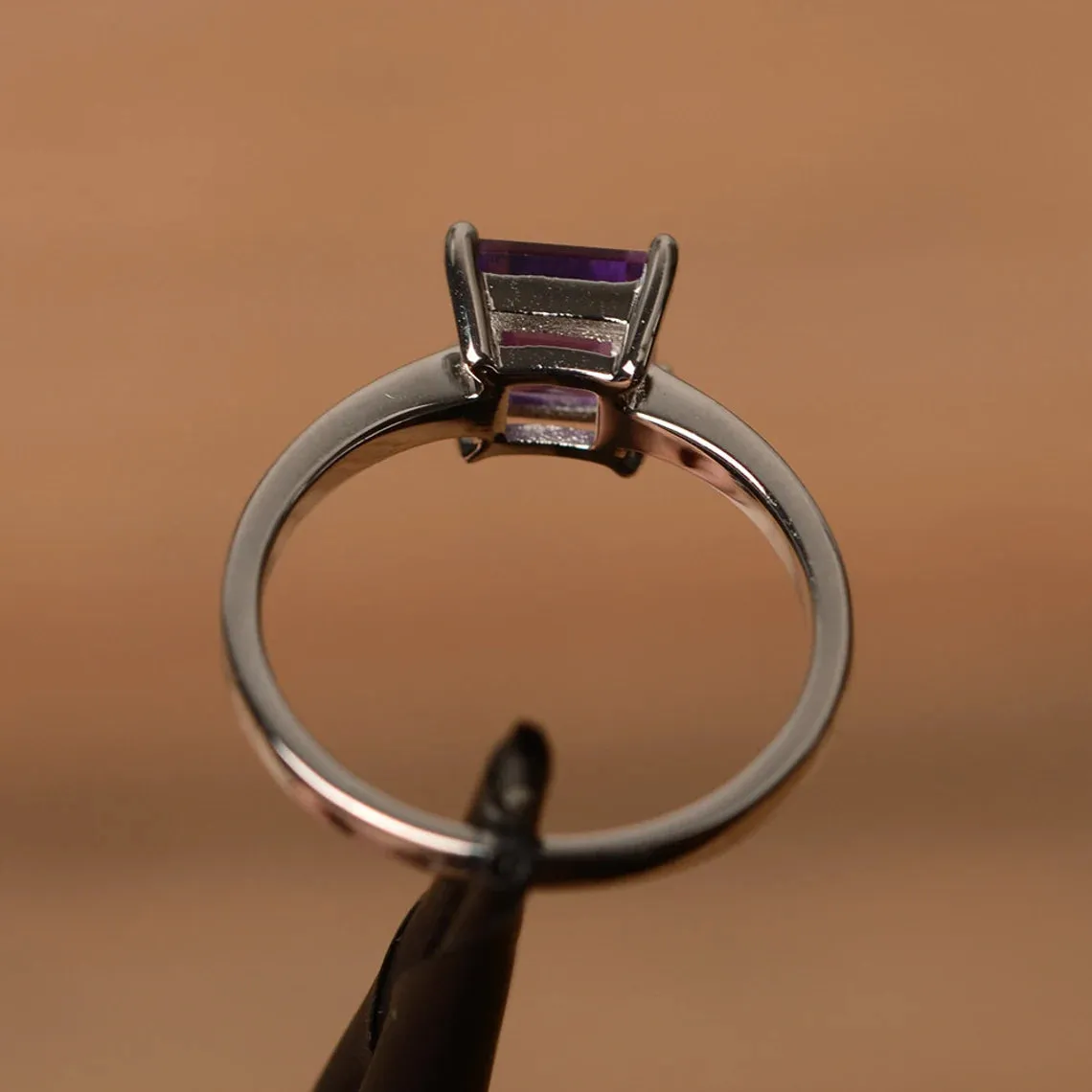 Natural Square Cut Amethyst Simple Solitaire Ring - 925 Sterling Silver Rings