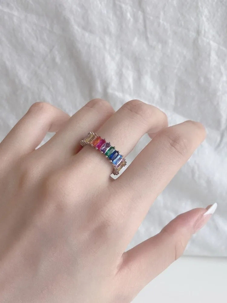 Rainbow Ring Colorful Baguette Eternity Ring 925 Sterling Silver Statement Luxury Rings