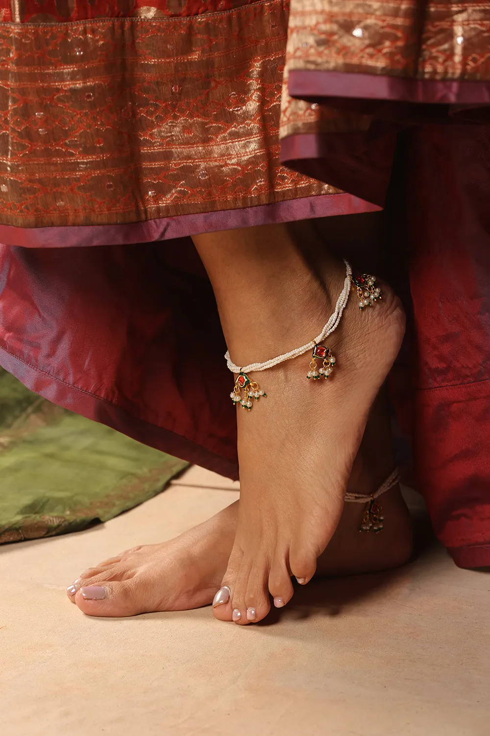 Red Gold Tone Kundan and Pearl Anklets