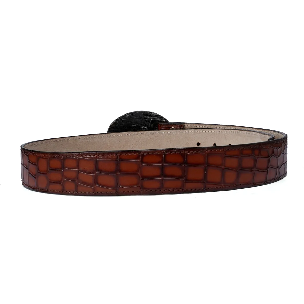 Rich Mississippi Culture Inspired Buckle Smokey Cognac Deep Cut Croco Textured Leather Belt By Brune & Bareskin