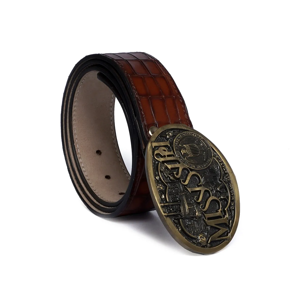 Rich Mississippi Culture Inspired Buckle Smokey Cognac Deep Cut Croco Textured Leather Belt By Brune & Bareskin