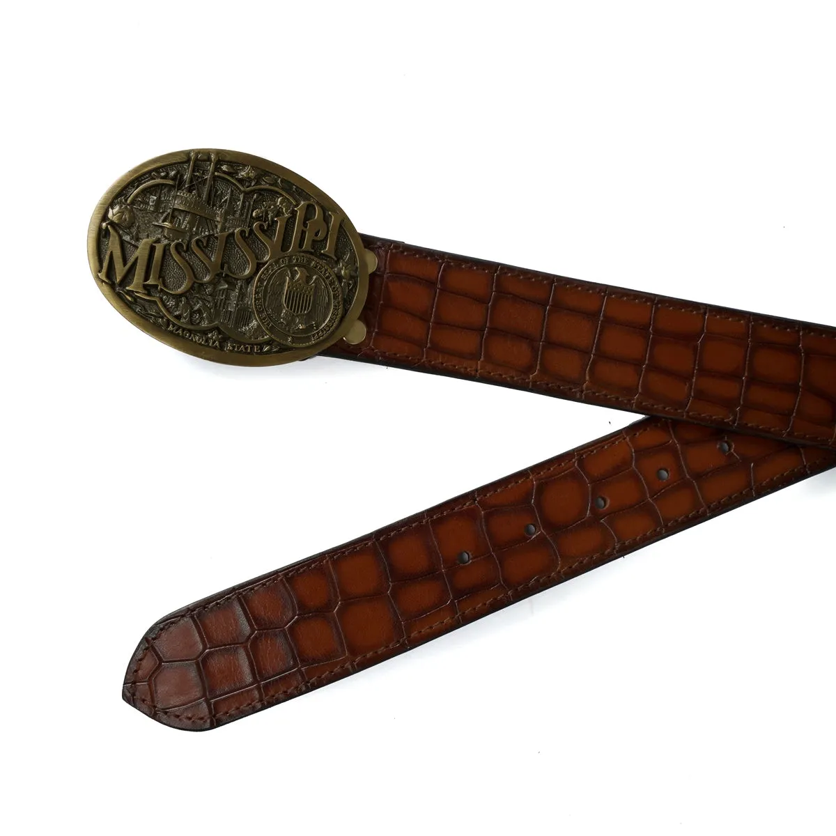 Rich Mississippi Culture Inspired Buckle Smokey Cognac Deep Cut Croco Textured Leather Belt By Brune & Bareskin