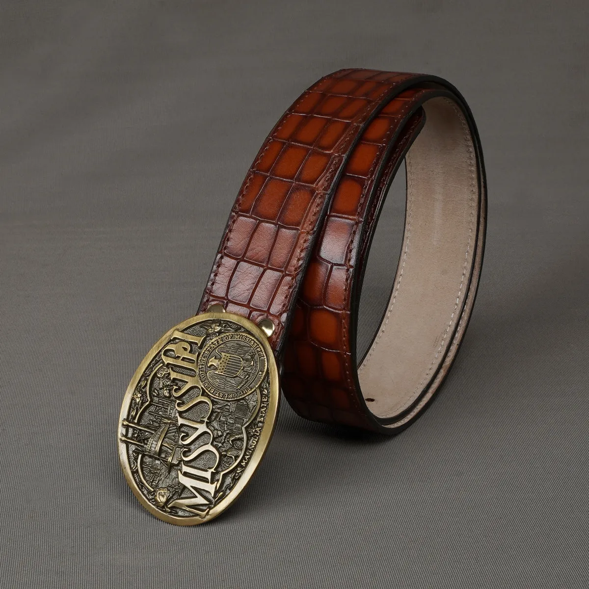 Rich Mississippi Culture Inspired Buckle Smokey Cognac Deep Cut Croco Textured Leather Belt By Brune & Bareskin