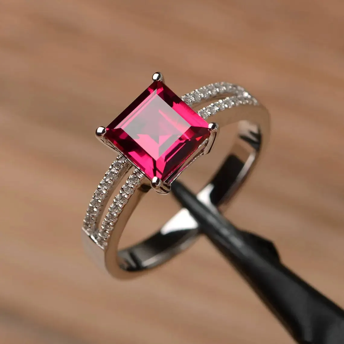 Ruby Square Cut Wedding Ring - 925 Sterling Silver Rings