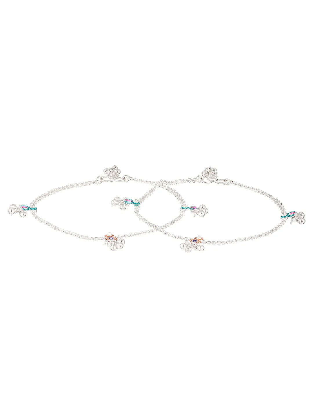 Set Of 2 Silver-Plated Pink&Blue Anklets With Ghungroo Detail