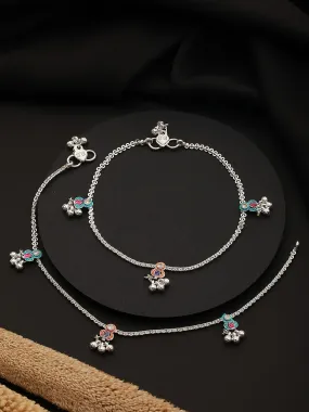 Set Of 2 Silver-Plated Pink&Blue Anklets With Ghungroo Detail