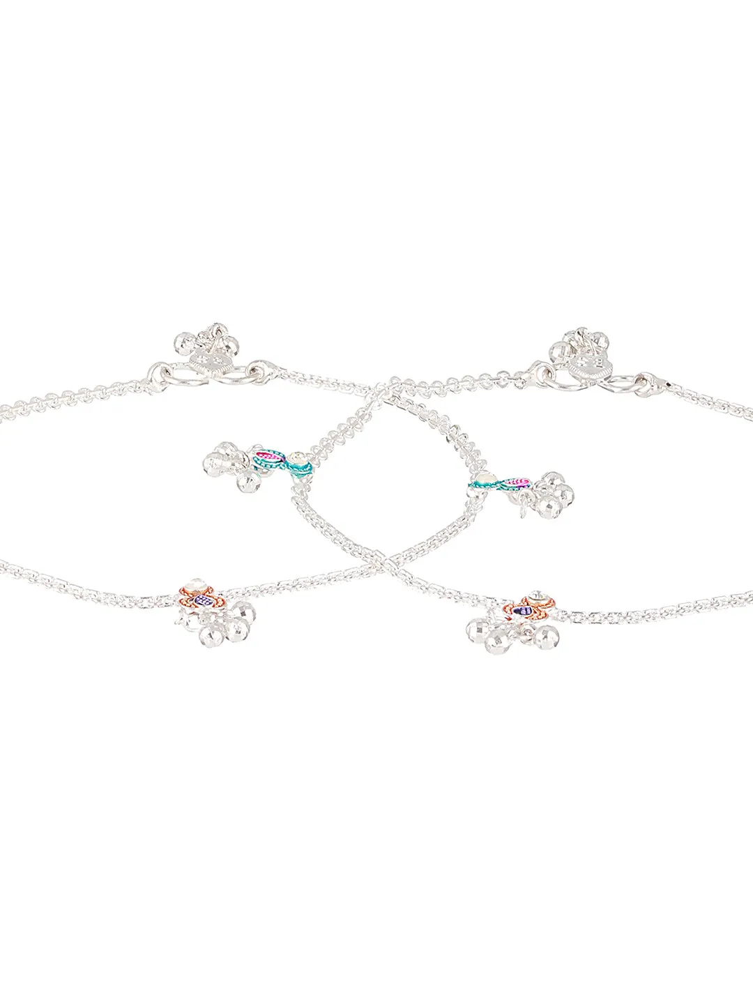 Set Of 2 Silver-Plated Pink&Blue Anklets With Ghungroo Detail