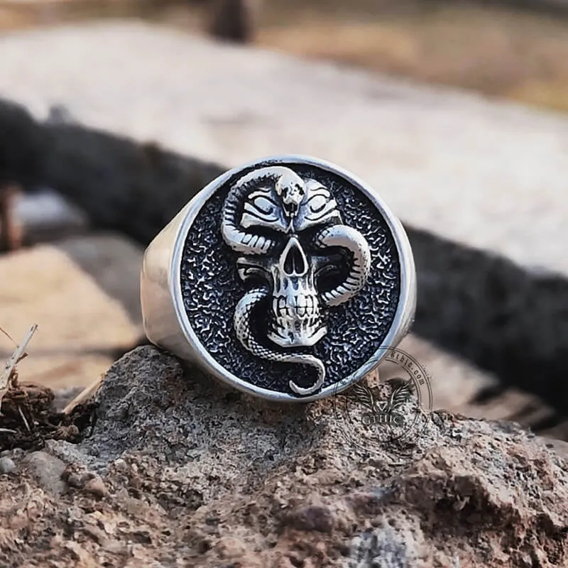 Skull With Crawling Snake Sterling Silver Ring