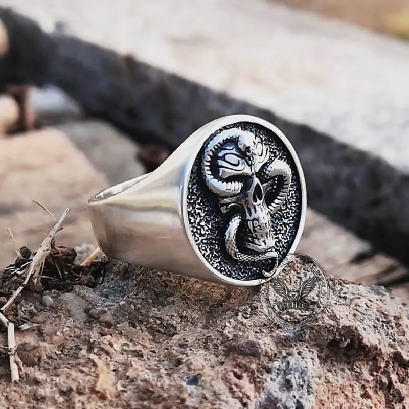 Skull With Crawling Snake Sterling Silver Ring