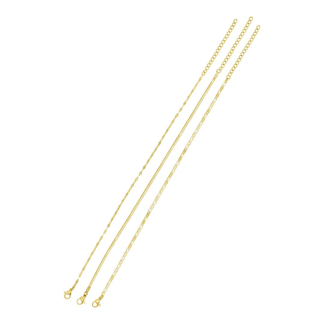 Tarnish Resistant 14k Gold Plated Adjustable 9-11" Herringbone, Valentina, and Mariner Chain Anklet Set