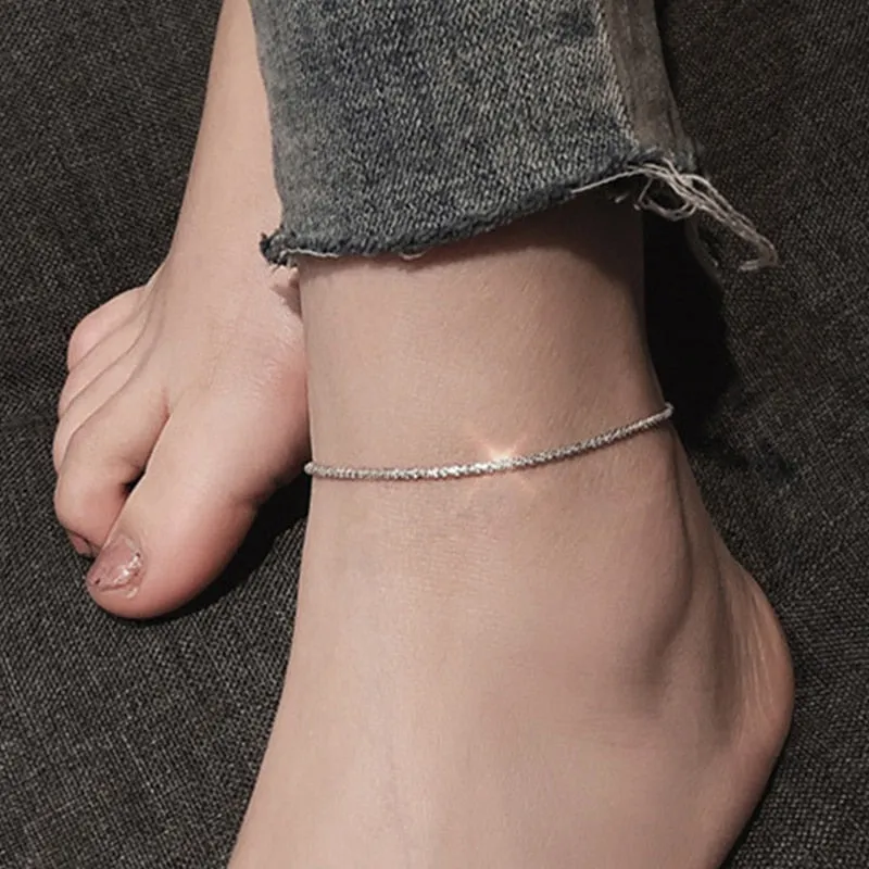 Thin Stamped Minimalist Silver Plated Shiny Chains Anklet For Women