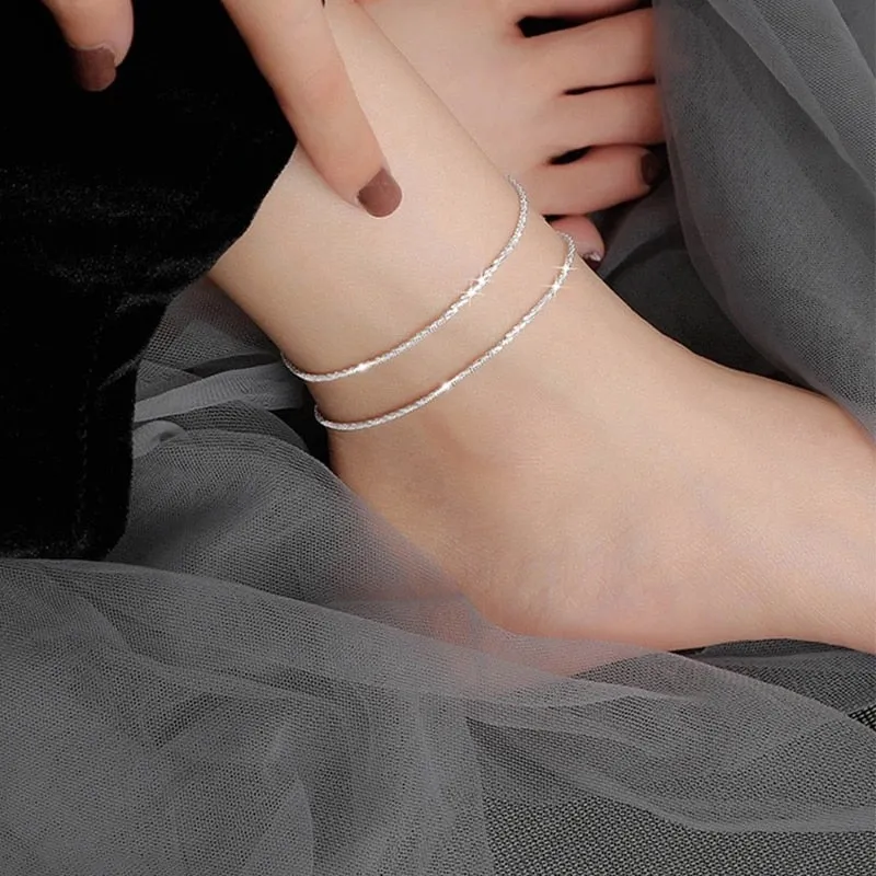 Thin Stamped Minimalist Silver Plated Shiny Chains Anklet For Women