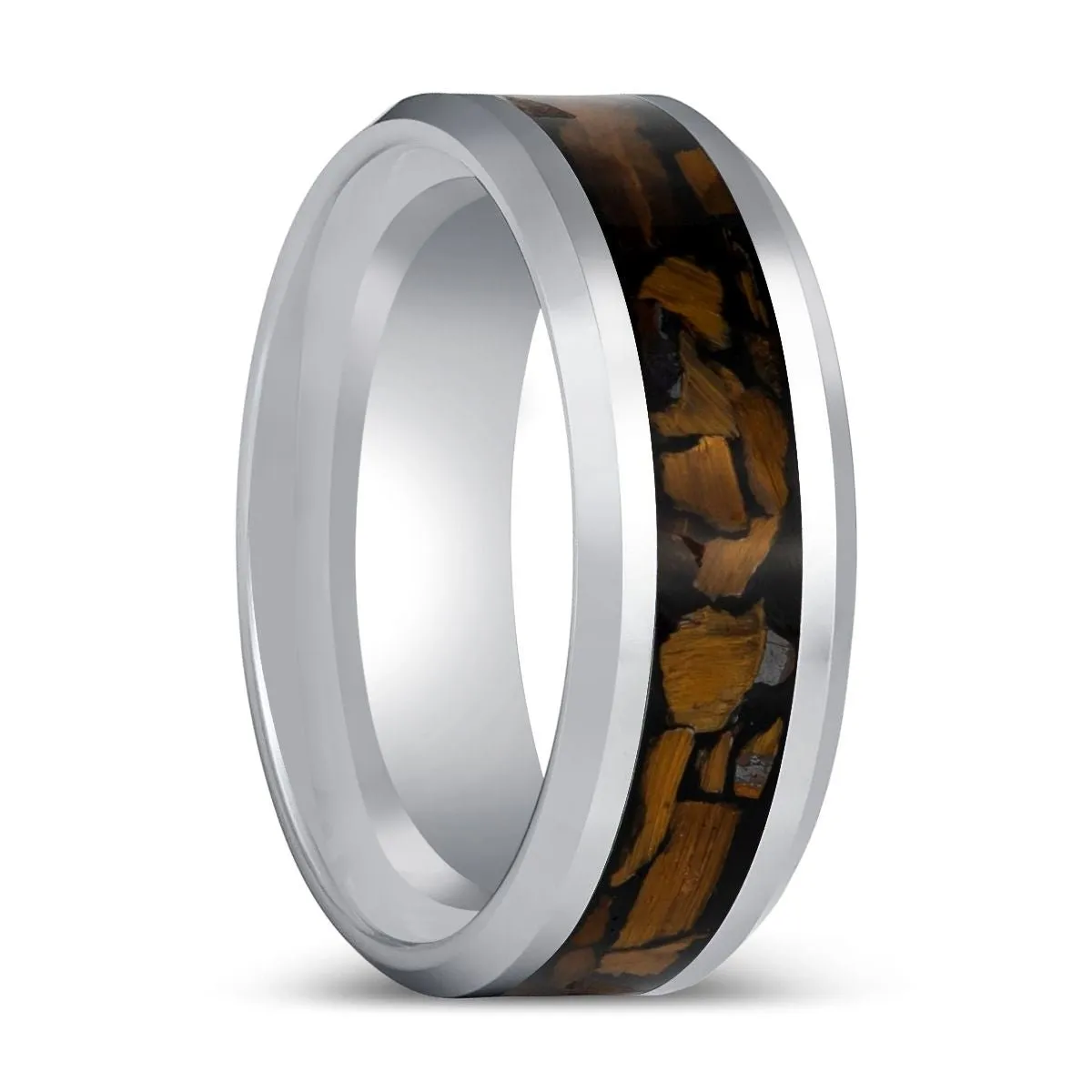 TPOINT | Silver Tungsten Ring Tiger Eye Chips Inlay