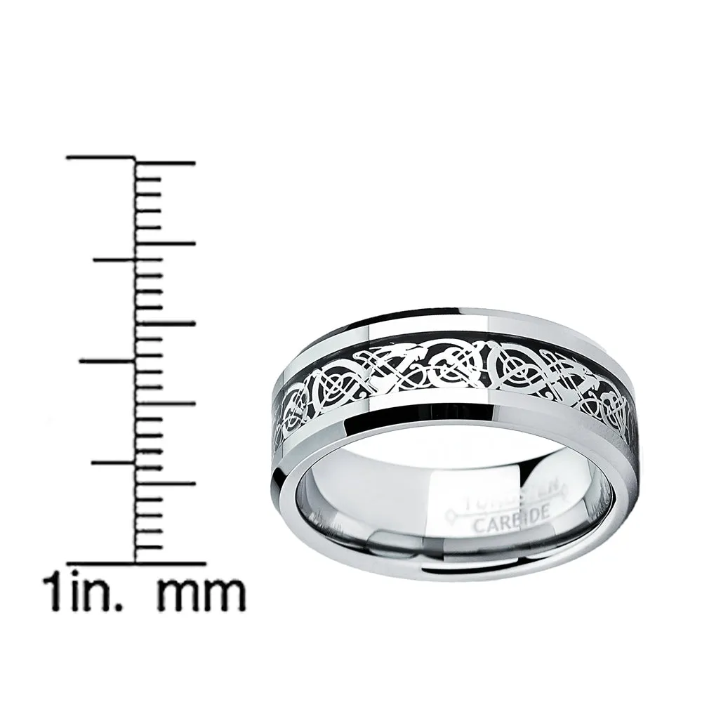 Tungsten Carbide Men's Ring with Dragon Design Inlay Sizes 7 to 13