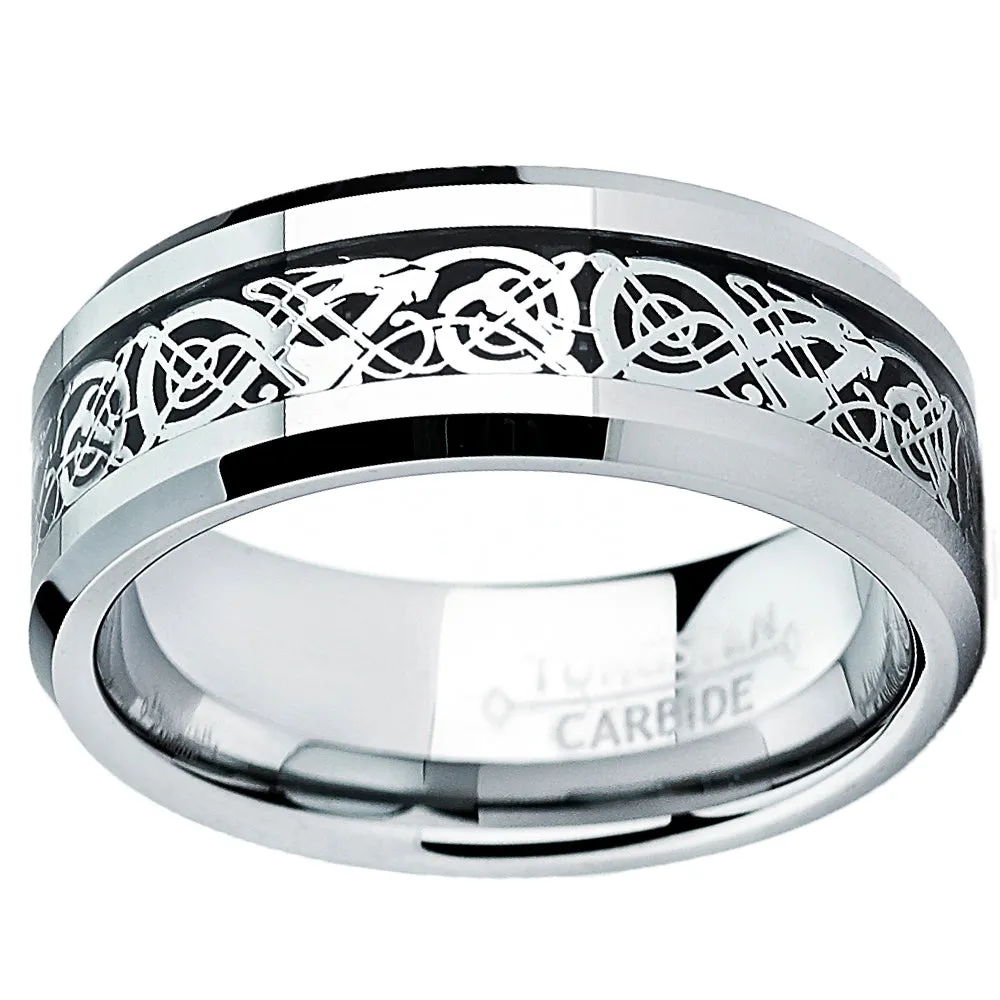 Tungsten Carbide Men's Ring with Dragon Design Inlay Sizes 7 to 13