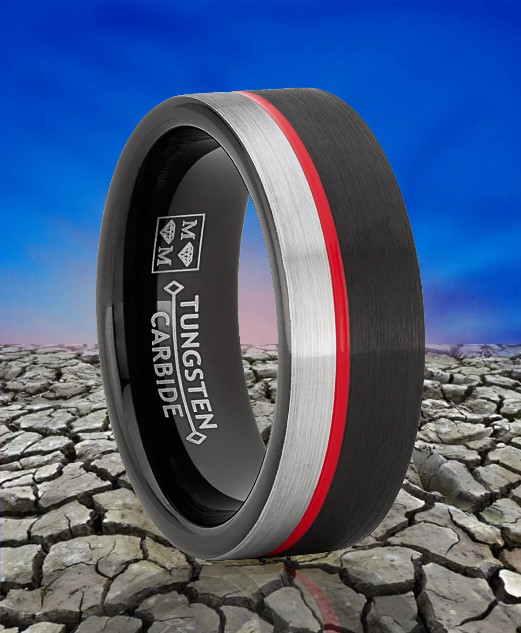 Tungsten Wedding Band Grooved Ring 8mm for Men's Black and Red