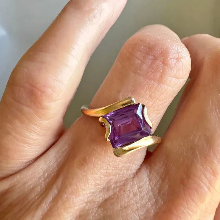 Vintage Emerald Cut Amethyst Bypass Engagement Rings - 14k Gold Vermeil Ring