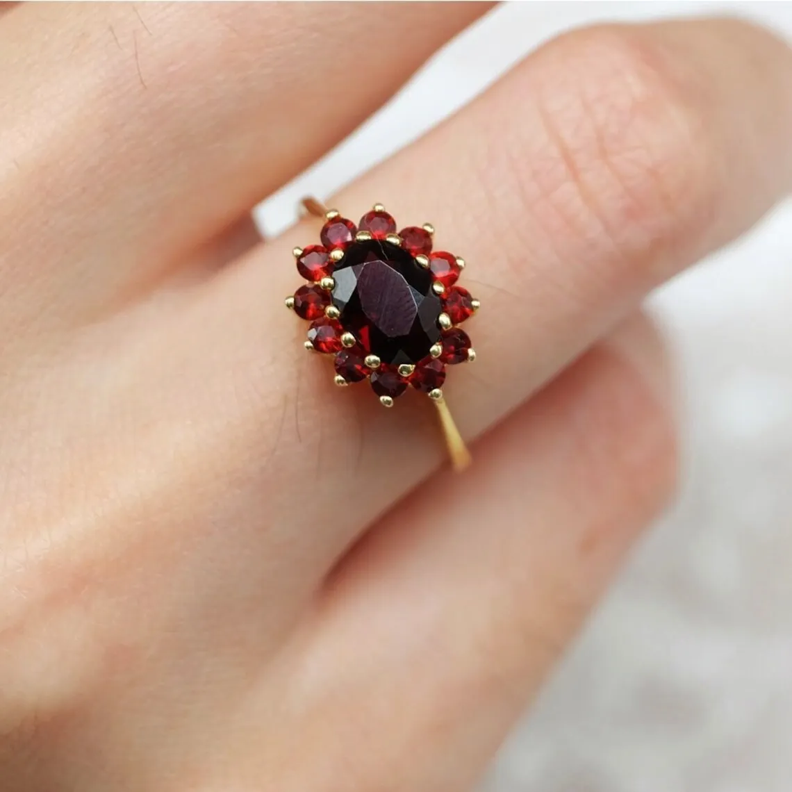 Vintage Garnet Rings -  Oval Cut Garnet Cluster Rings - 14k Gold Vermeil Rings