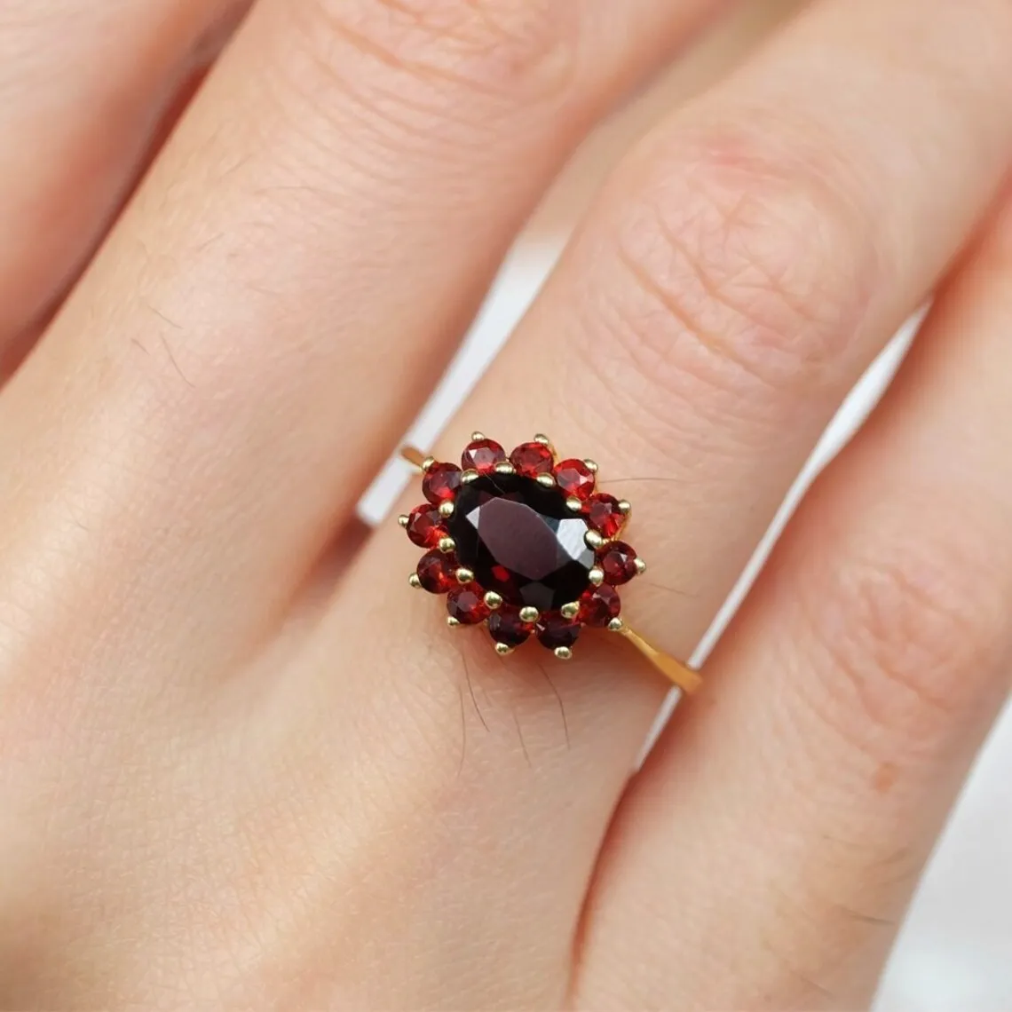 Vintage Garnet Rings -  Oval Cut Garnet Cluster Rings - 14k Gold Vermeil Rings