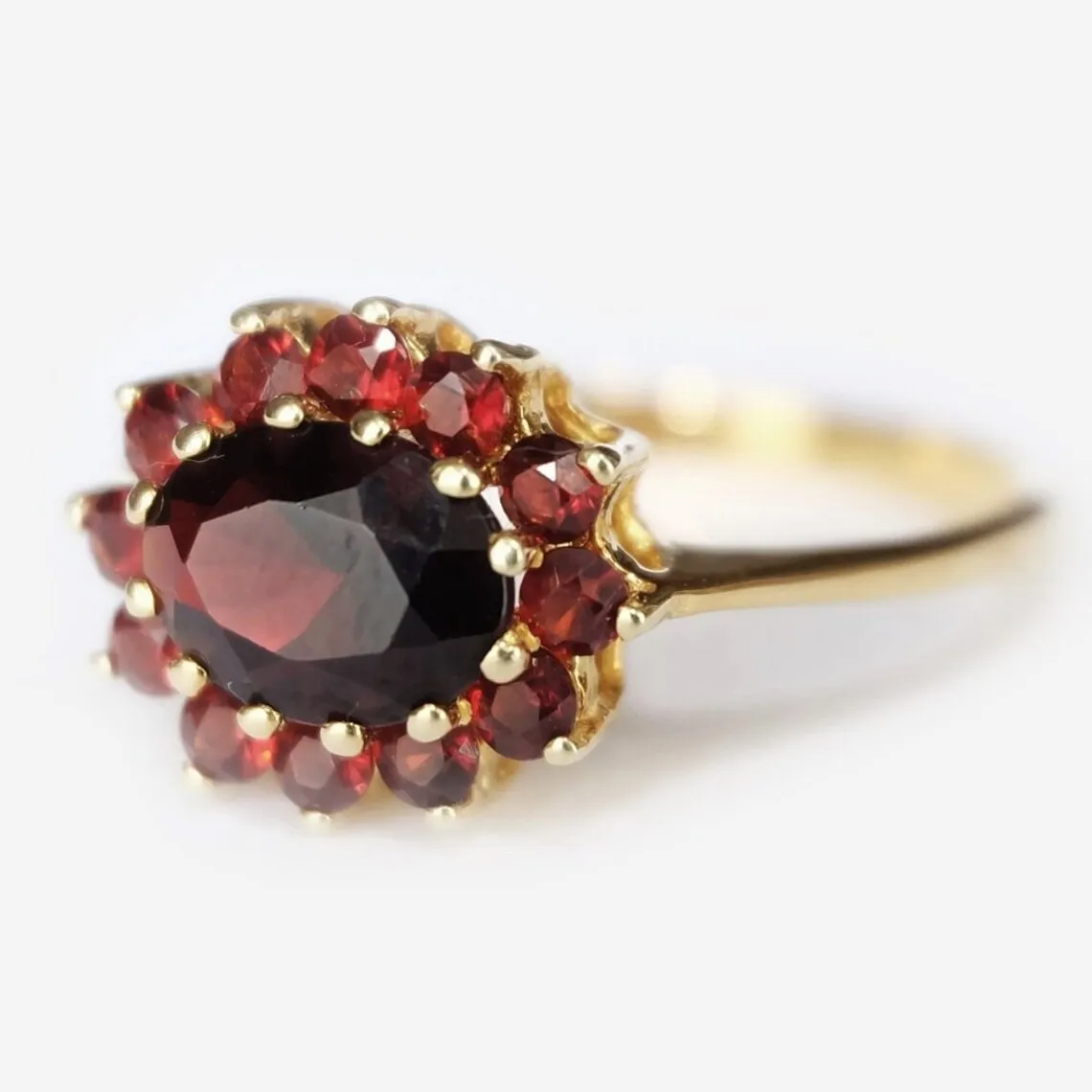 Vintage Garnet Rings -  Oval Cut Garnet Cluster Rings - 14k Gold Vermeil Rings