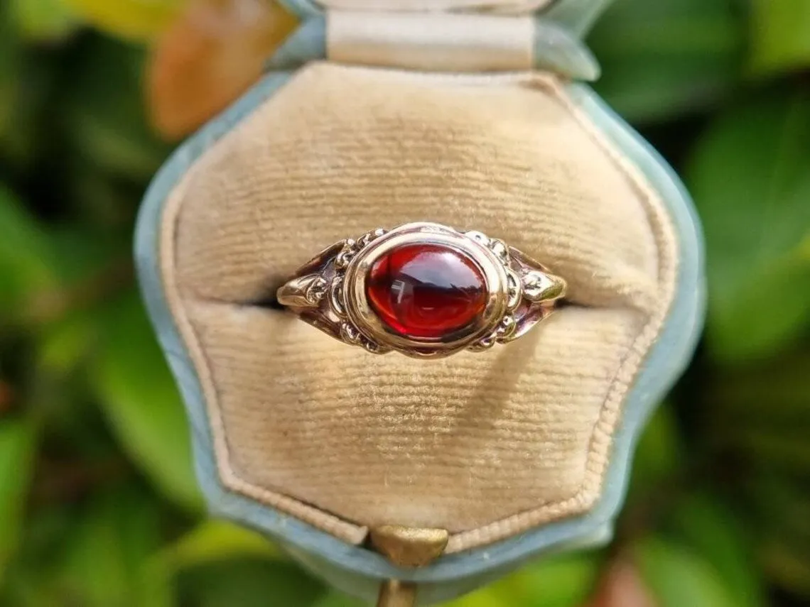 Vintage Oval Cut Cabochon Garnet Bezel Set Solitaire Rings - 14k Gold Vermeil Rings