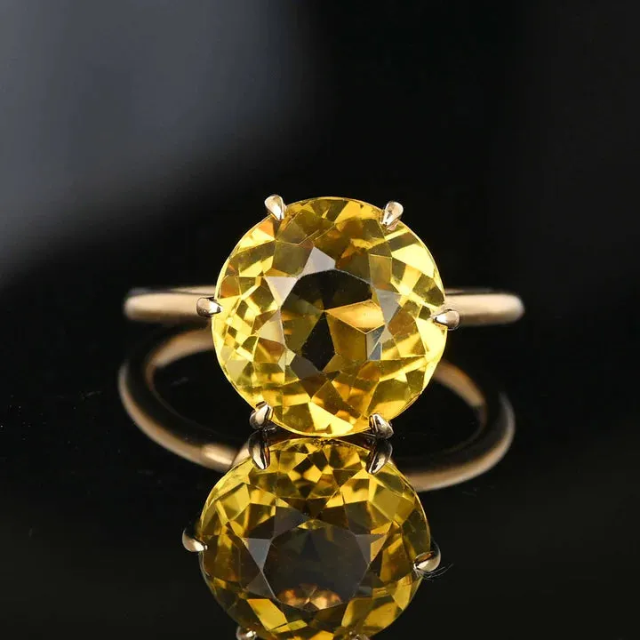 Vintage Round Cut Citrine Six Prong Solitaire Engagement Ring - 14k Gold Vermeil Ring